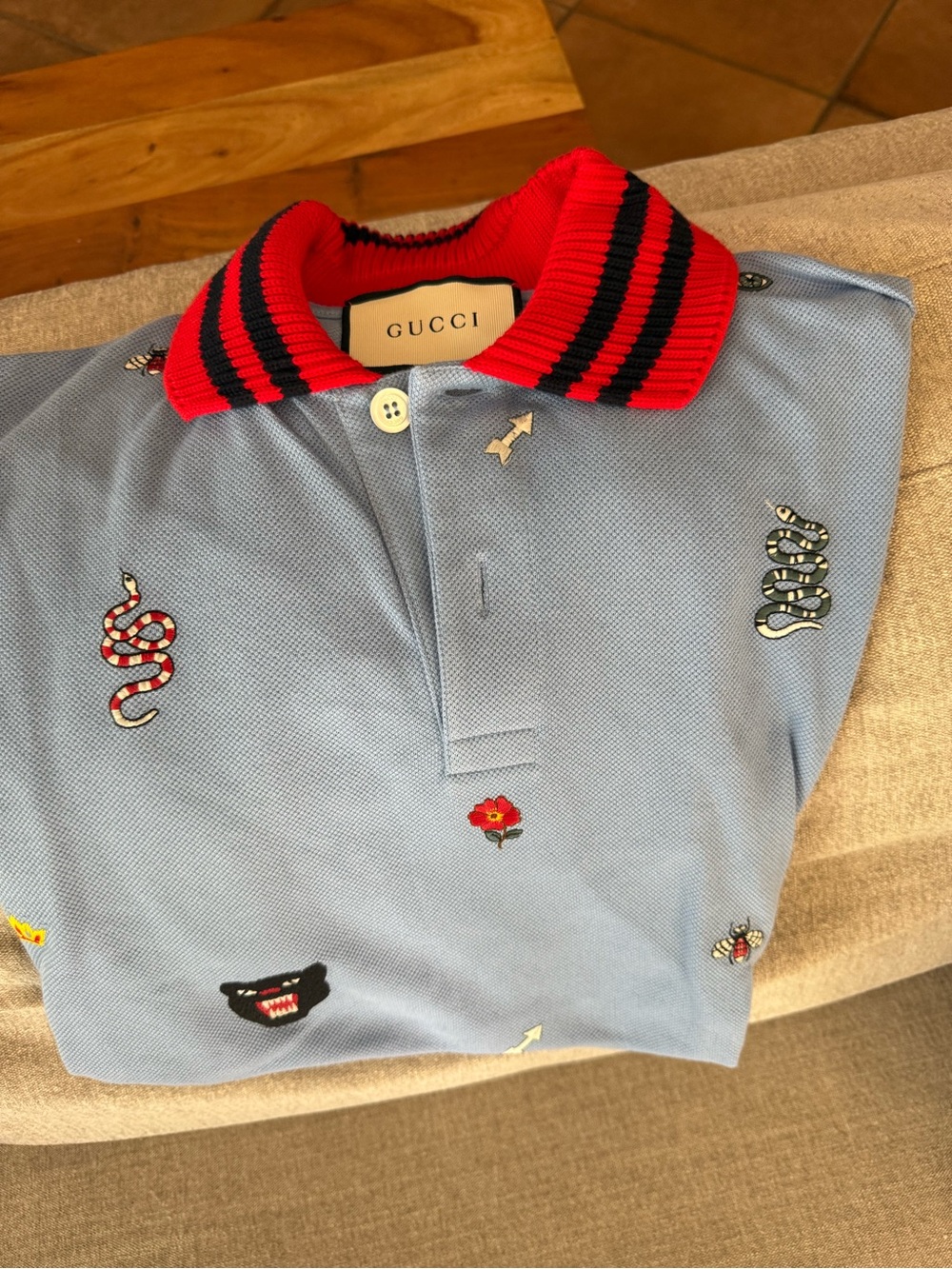 Gucci Light Blue Embroidered Crewneck Polo with Red-Black Striped Collar